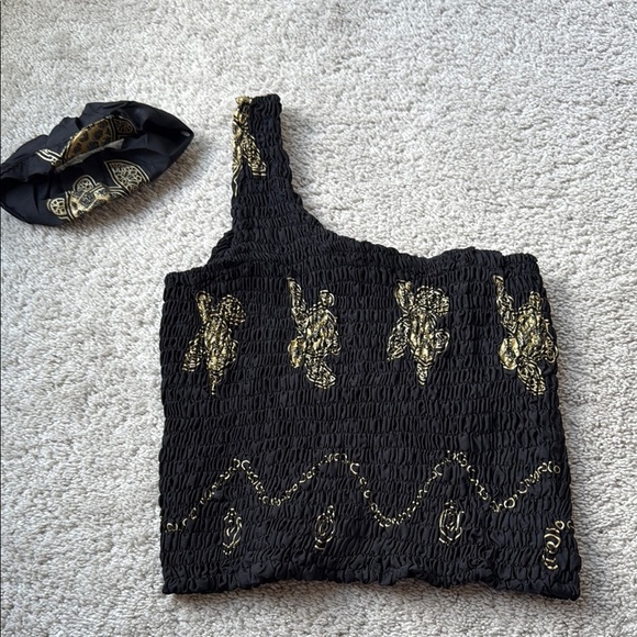 RIMA beachwear One Shoulder Smocked Crop Top | Fits S/M | Black & Gold - Picture 2 of 6